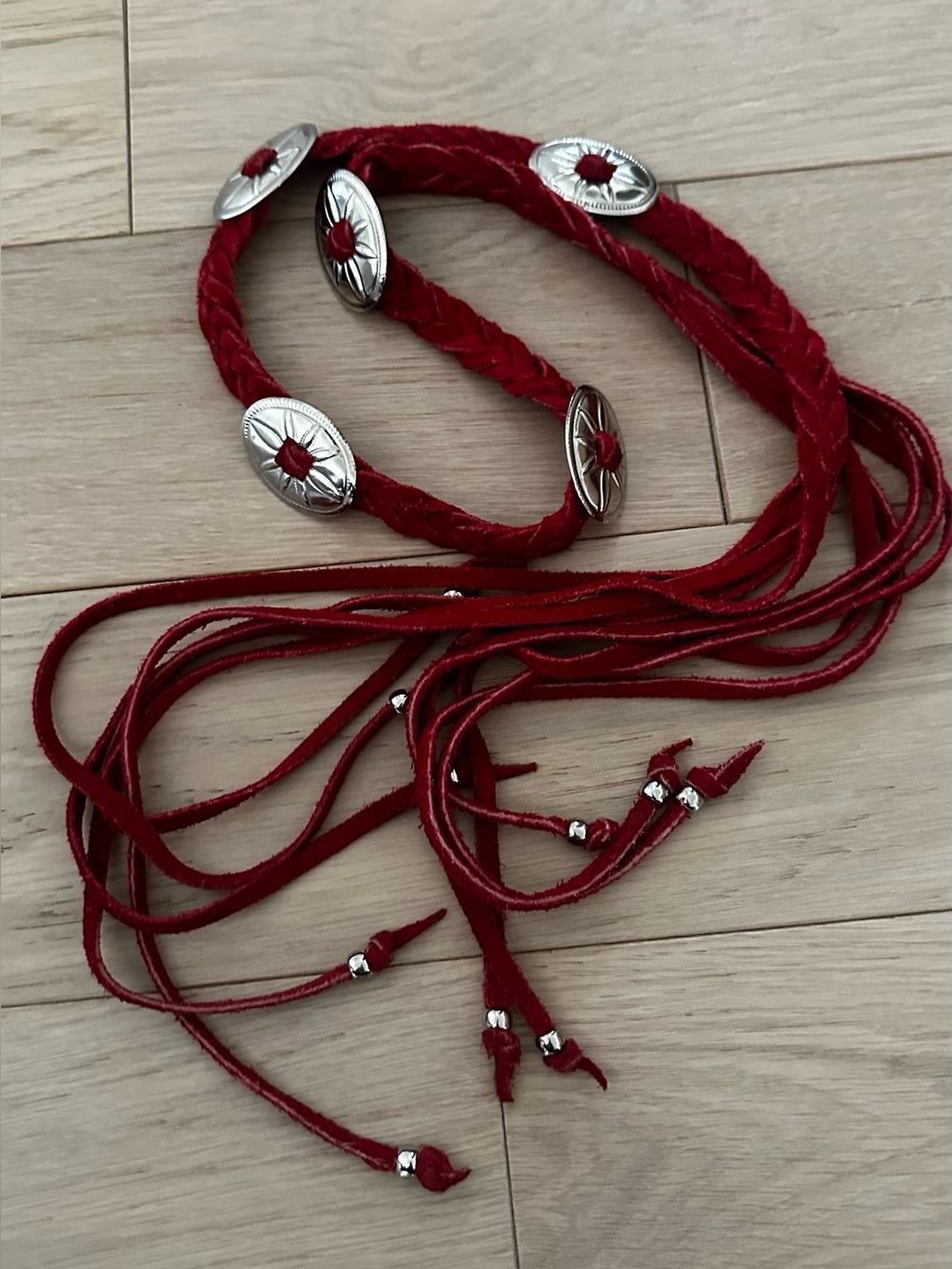 Vintage conche genuine leather suede fringe tie belt